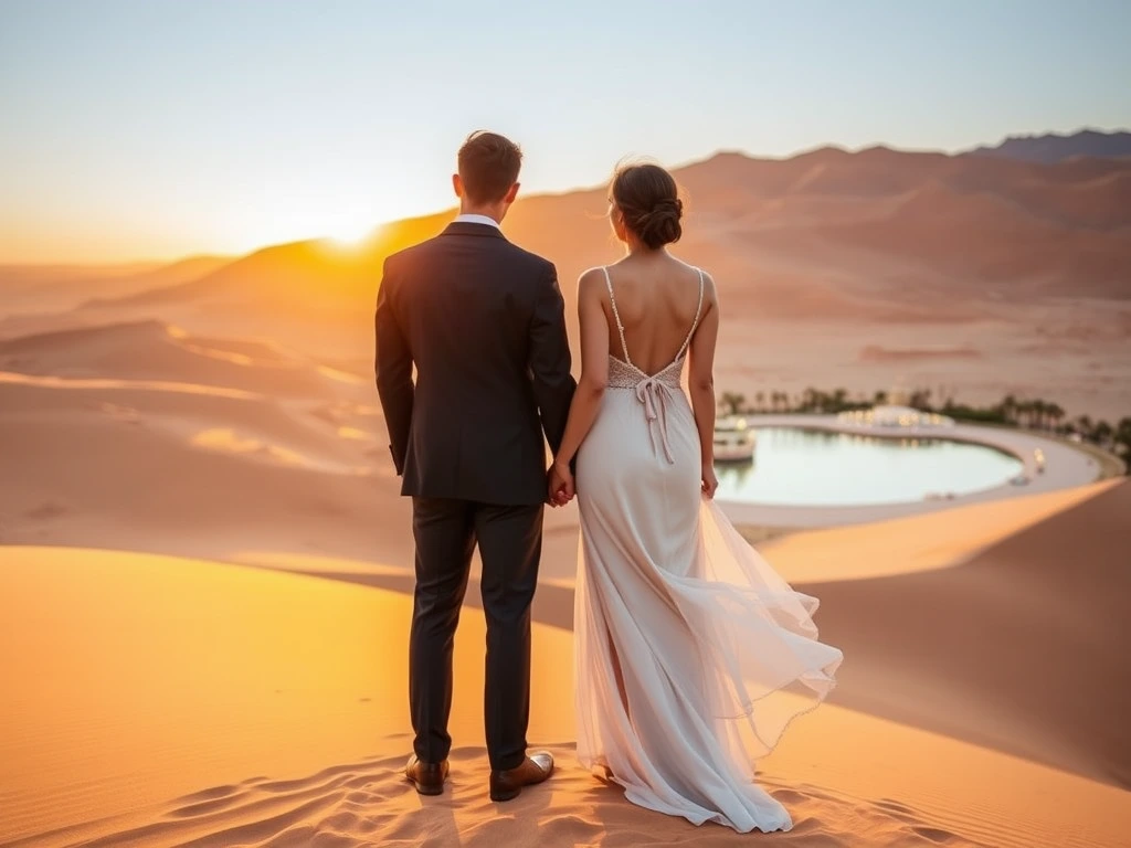 An elegant couple enjoying a serene and luxurious getaway at the Huacachina oasis, surrounded by stunning sand dunes. | Ile Tours